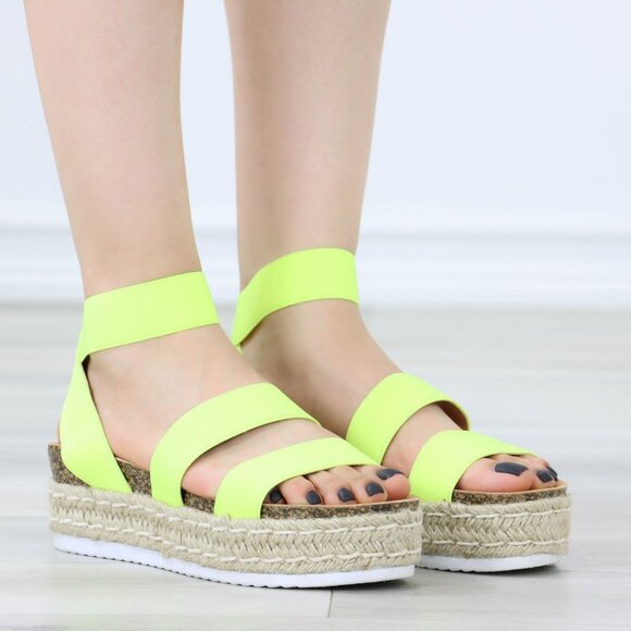 Neon Yellow Elastic Strappy Sandals Espadrille Platform Heel - Picture 5 of 14